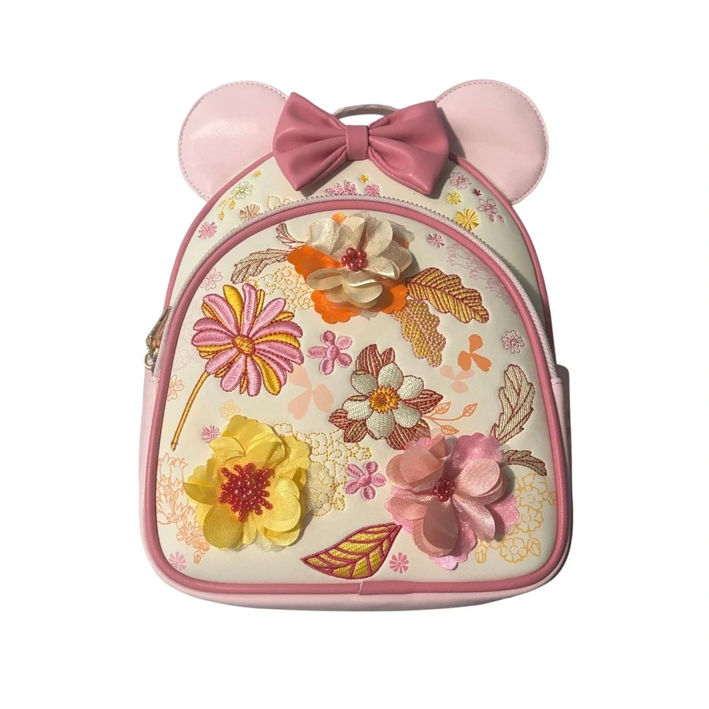 Disney Minnie Mouse Floral Embroidered Magnetic Ears Backpack Pink Cream NEW